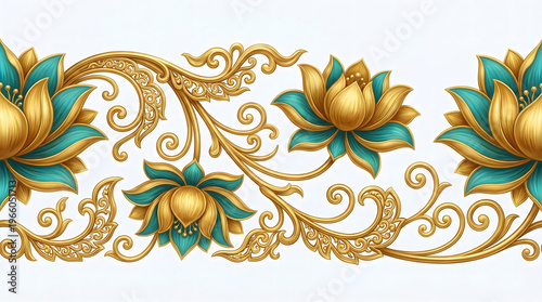 Golden lotus and scrolling vine decorative pattern with turquoise accents