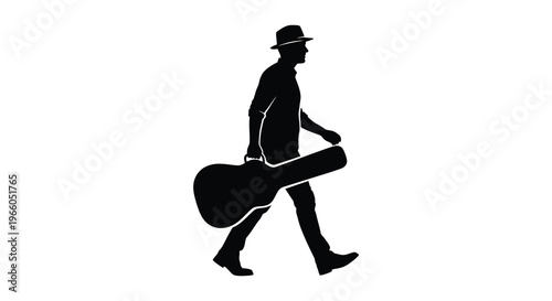 A walking musician carrying a guitar is depicted in a striking black form against a white background silhouette high quality professional