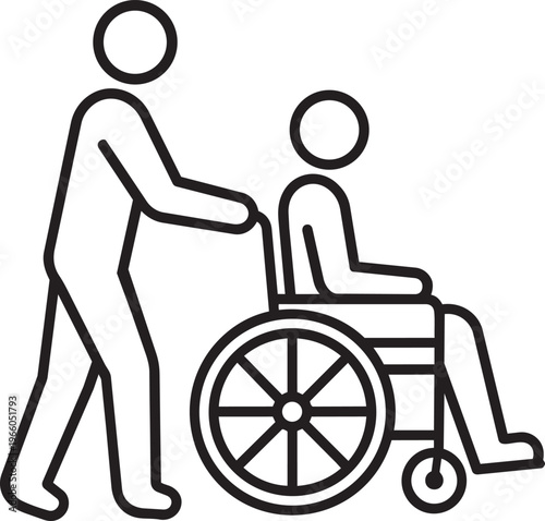 Caregiver pushing a disabled person in a wheelchair for medical rehabilitation and physical assistance vector line icon