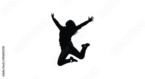 A joyful woman leaps into the air with arms outstretched capturing a moment of freedom and exuberance silhouette high quality