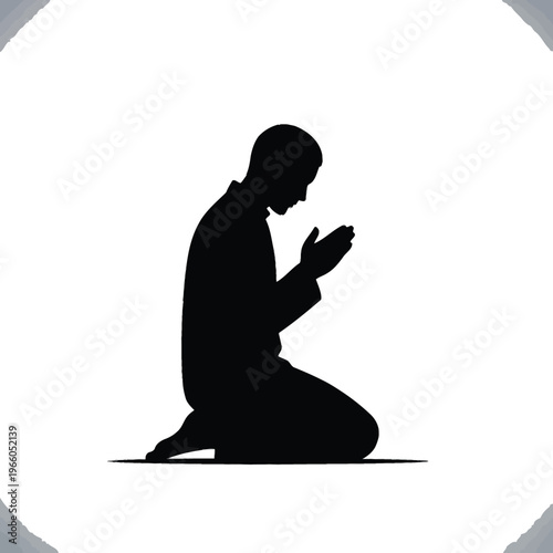A silhouette of a man kneeling in humble prayer against a soft glowing circular background light. Vector
