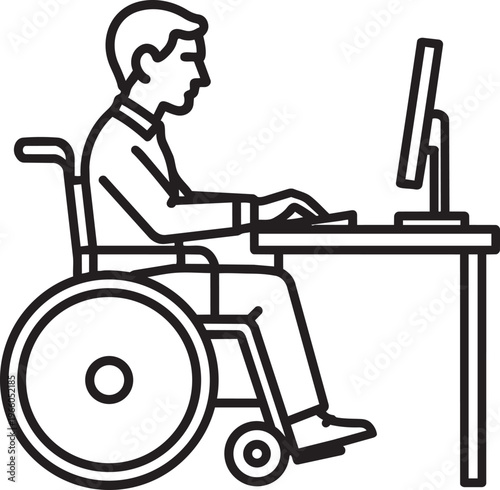 Disabled person in wheelchair working at office desk with computer for inclusive employment career vector line icon