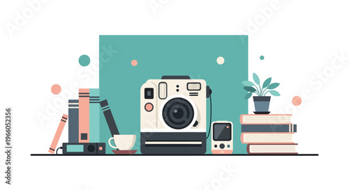 Vintage camera and books on desk in minimalist pastel design