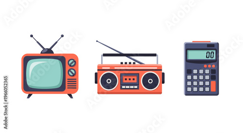 Retro electronic devices: classic tv radio and calculator icons in