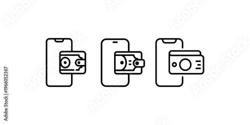 Mobile payment and digital wallet icon set with smartphone and cash money showing electronic transaction technology for banking and ecommerce business