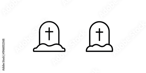 Tombstones with crosses, grave markers in earth, icons of death and remembrance, cemetery symbol, simple line art