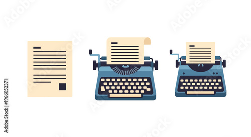 Vintage typewriter and paper icons in flat design