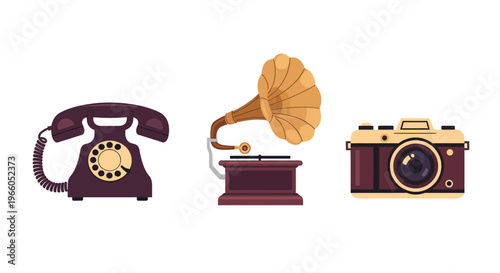 Retro icons set: vintage telephone classic gramophone and retro camera