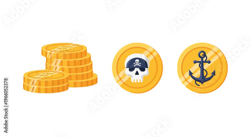 Pirate coins set with skull and anchor design on gold