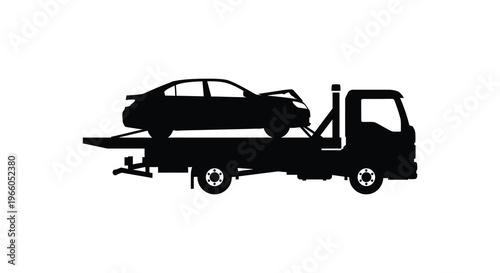 A black silhouette depicts a car being transported on a flatbed tow truck showcasing roadside assistance silhouette high quality professional detailed