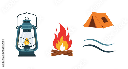 Camping essentials: lantern campfire tent and wind icon set