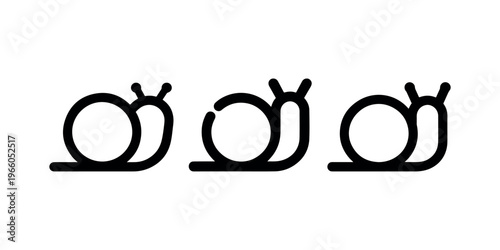Snail vector icon set. three minimalist linear outline style mollusks isolated on white background with different antenna designs