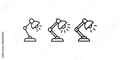 Desk lamp vector icon set. three minimalist linear outline style adjustable light symbols isolated on white background for study
