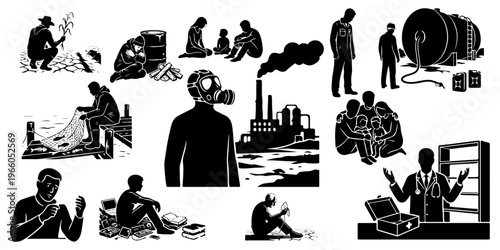Global social and environmental issues black silhouettes set. Concepts of poverty, hunger, pollution, climate change, and healthcare crisis