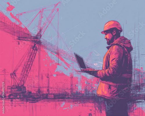 Construction Worker Using Laptop Near Crane On Building Site For Technology And Industry Concepts