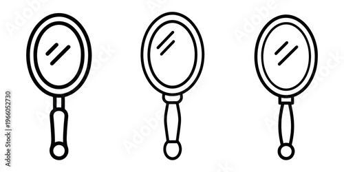 Three hand mirrors with handles for reflection and beauty in simple line art isolated on white background