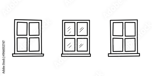 Three windows with panes and sills for home and architecture in simple doodle style isolated on white background
