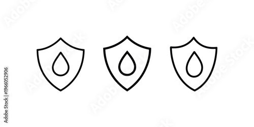 Water drop shield vector icon. three different styles of shields with water drops, waterproof protection, liquid safety symbol