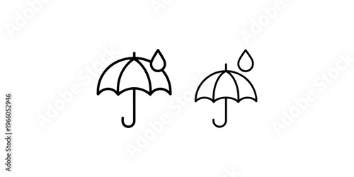 Stylized umbrellas with rain drops protect from bad weather, icons representing caution and protection, simple line art