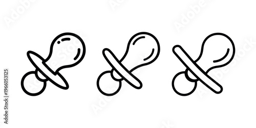 Baby pacifier line icon set showing various dummy designs for infants and newborns isolated on white background for nursery care and parenting vector art