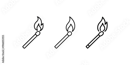 Burning matchstick line icons set. flame on match, fire symbol and sign. matches black outline vector illustration for web and app