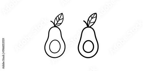 Fresh avocado line icon set showing sliced fruit halves with pits and leaves isolated on white background for healthy diet and organic food vector design