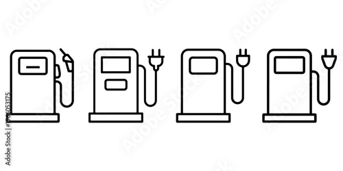 Gas station and electric vehicle charging station line icons set. fuel pump and EV charger outline vector illustration