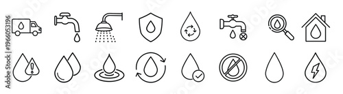 Water management and plumbing outline icon set featuring water delivery truck, faucet tap, shower head, eco house, magnifying glass, and recycle droplet vector illustration on editable stroke
