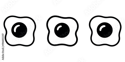 Set of three fried egg breakfast icons with black yolk in flat line art style ideal for restaurant menu cooking blog food app and kitchenware decoration