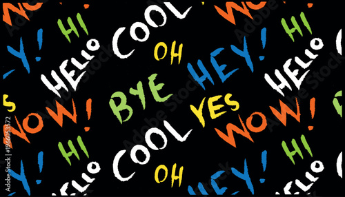 Colorful Handwritten Words Pattern on Black Background.