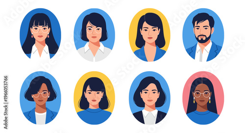 Professional business avatar set, diverse corporate team profile icons, 8 flat vector people portraits for office staff and employee directory