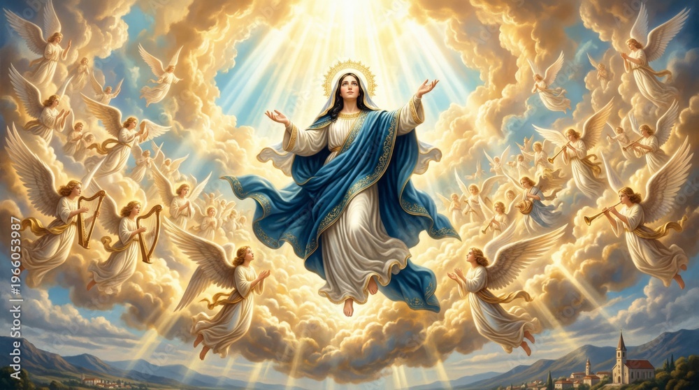 Fototapeta premium Virgin Mary icon ascension in heaven surrounded by angels with music instrument. Religious masterpiece artwork depicting Assumption of Mary. Divine light beam and spiritual hope concept.