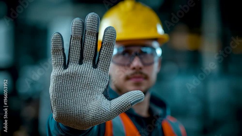 Industrial worker wearing safety helmet and glove raising hand to signal stop in factory environment with focus on protection and awareness