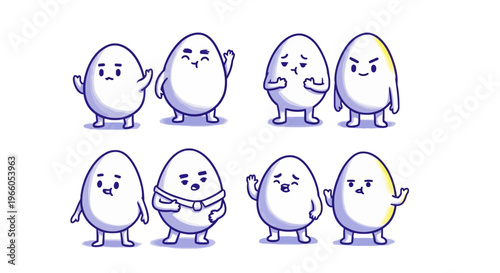 Cute egg character set with various facial expressions, funny cartoon egg mascot collection, 8 expressive egg icons for social media and stickers