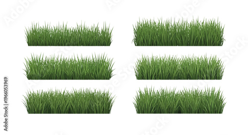 Green grass border collection, realistic lawn turf tufts set of 6 vector elements, fresh spring meadow grass patches for landscape design