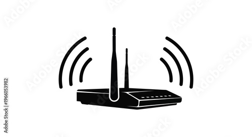 A black silhouette of a wireless router emitting signal waves representing modern network connectivity and data transmission silhouette high quality professional