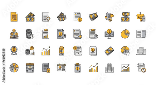 Modern financial icons set, 36 business and accounting vector elements, yellow and grey finance symbols for banking and tax reports