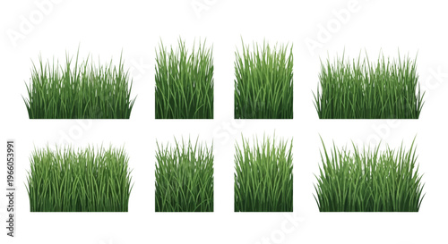 Realistic green grass tufts vector set, fresh lawn grass borders and meadow patches, 8 organic grass elements for landscape design