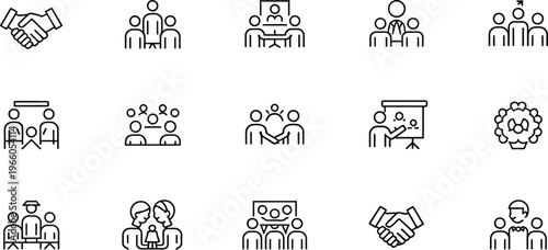 Business partnership icons, teamwork symbols, collaboration signs, line style graphics