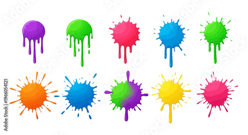 Colorful paint splash vector set, vibrant liquid dripping ink blots, 10 creative rainbow splatter elements for graphic design and art projects