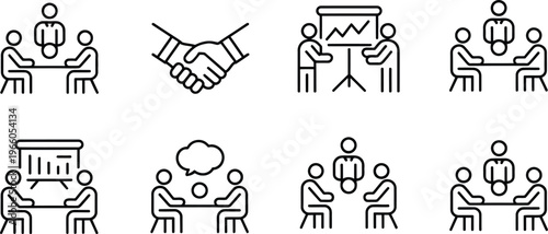Business Meeting Icons, Office Collaboration Symbols, Teamwork Vector Graphics, 8 Line Style People