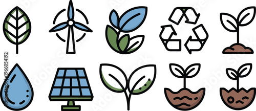 Eco friendly icons, sustainable symbols, green energy signs, environmental illustrations, 9 vector graphics