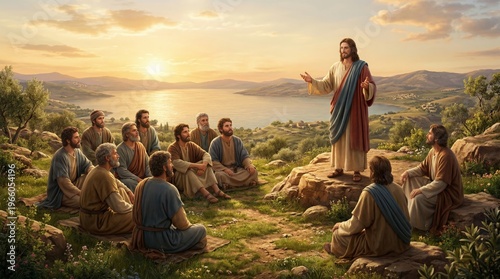 Jesus Christ teaching the twelve apostles on a hillside by the sea of Galilee. Religious biblical scene depicting a sermon. Historical middle eastern setting for spiritual inspiration.