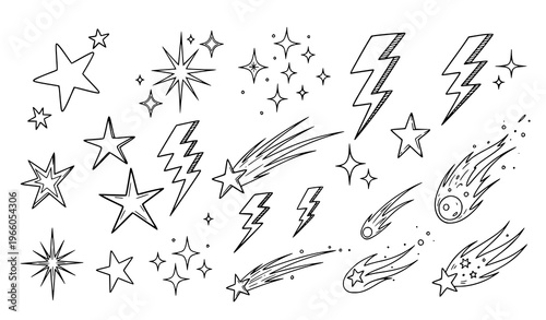 Hand drawn Y2K star vector set with sparkles flashes comets and retro vaporwave symbols isolated on white