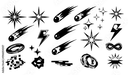 Y2K star vector set with retrofuturistic symbols flashes comets and sparkles vaporwave style isolated on white