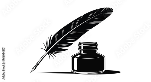 A classic illustration of a feathered quill pen resting beside a dark inkwell presented as a silhouette high quality professional detailed