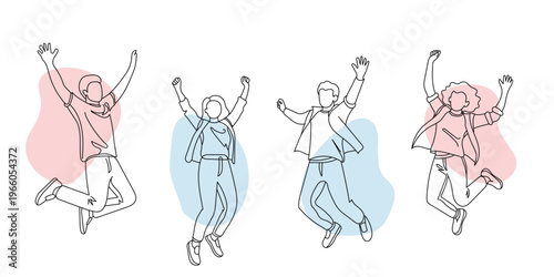 Four people jumping with colorful abstract shapes in background