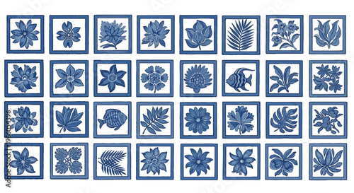 Vintage blue botanical tiles set, 32 floral and nature icons in ceramic style, indigo block print illustrations, decorative porcelain square elements