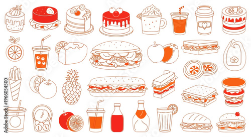 Minimalist food and drink icons set, orange line art cafe menu elements, collection of 30 vector illustrations of sandwiches, cakes and beverages