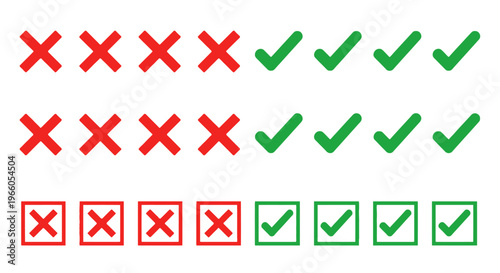 Minimalist check and cross icon set, red X marks and green tick symbols, flat vector collection for validation and feedback interface design